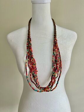 Wooden Bead Colorful Long Multi Strand Necklace Boho Festival